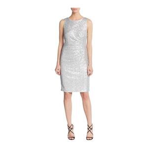 Calvin Klein Women's Silver Formal Dress Full Sequins Sheath Ruched Sparkle 14
